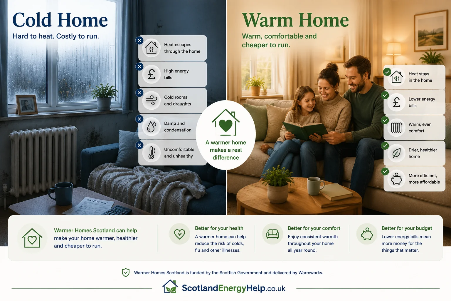 Side-by-side illustration of a cold, draughty home next to a warm, well-insulated home with heat pump and insulation — showing the transformation Warmer Homes Scotland helps deliver.
