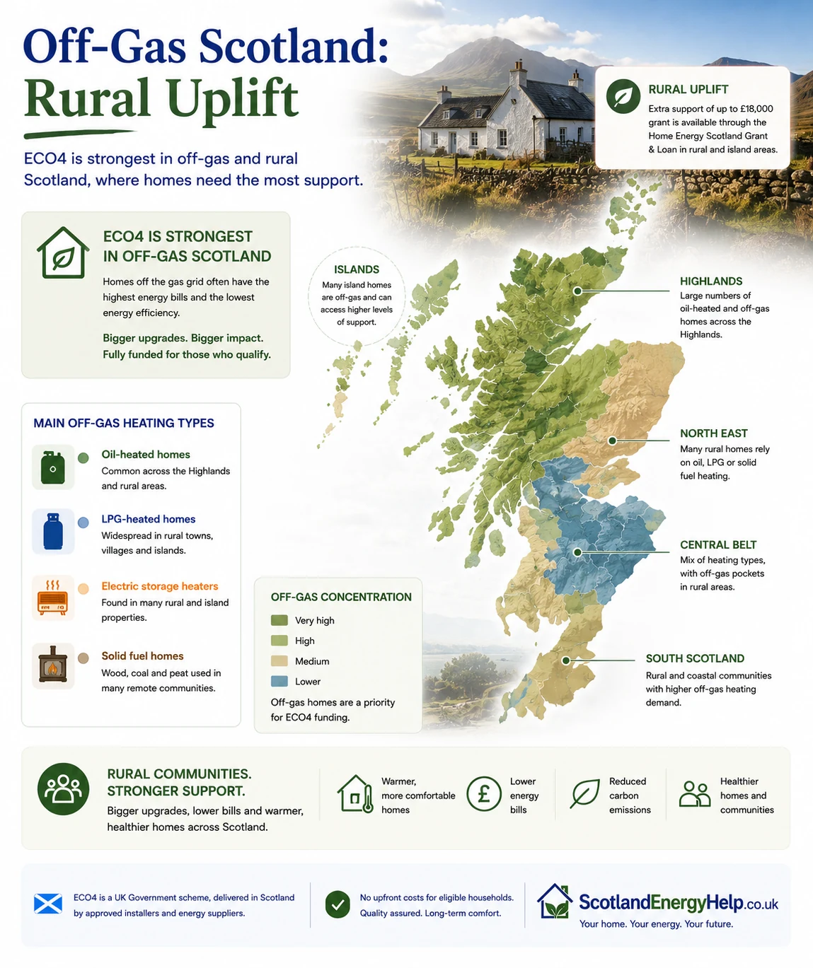 Off-gas Scotland rural uplift map showing Highlands, Islands, North East, Central Belt and South Scotland concentrations of oil, LPG, electric storage and solid fuel heating