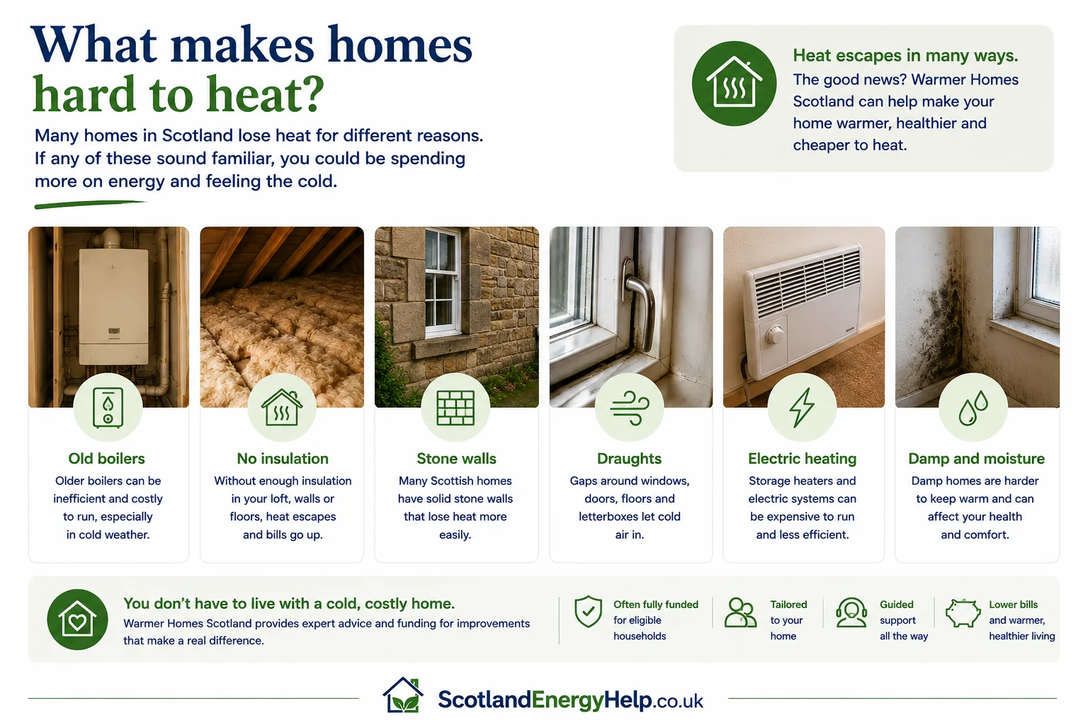 Infographic explaining what makes Scottish homes hard to heat — older stone construction, solid walls, off-gas-grid locations, and poor insulation.
