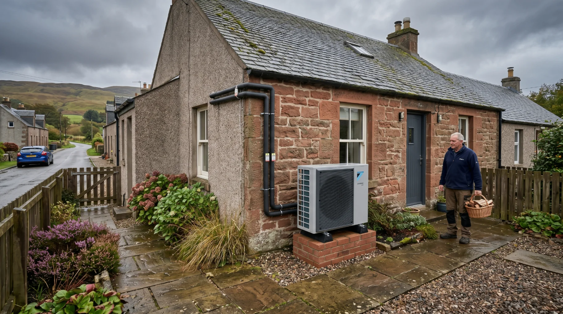 Modern Daikin air source heat pump installed outside a traditional Scottish stone cottage