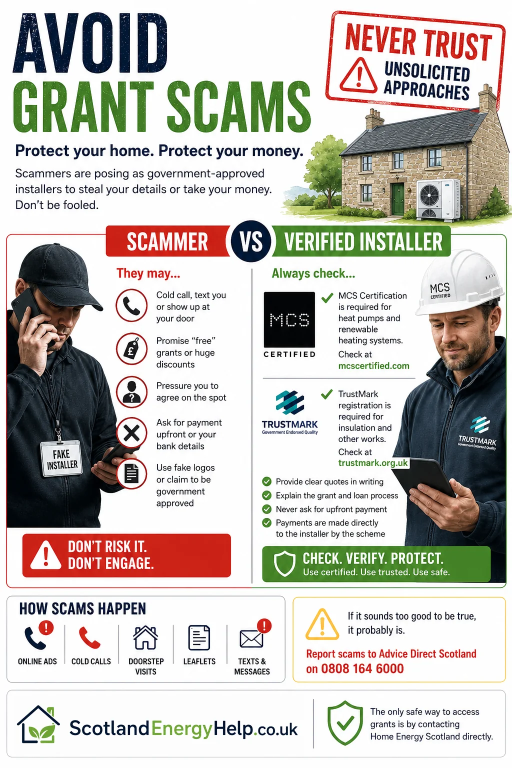 Scammer vs verified installer — how to spot grant scams