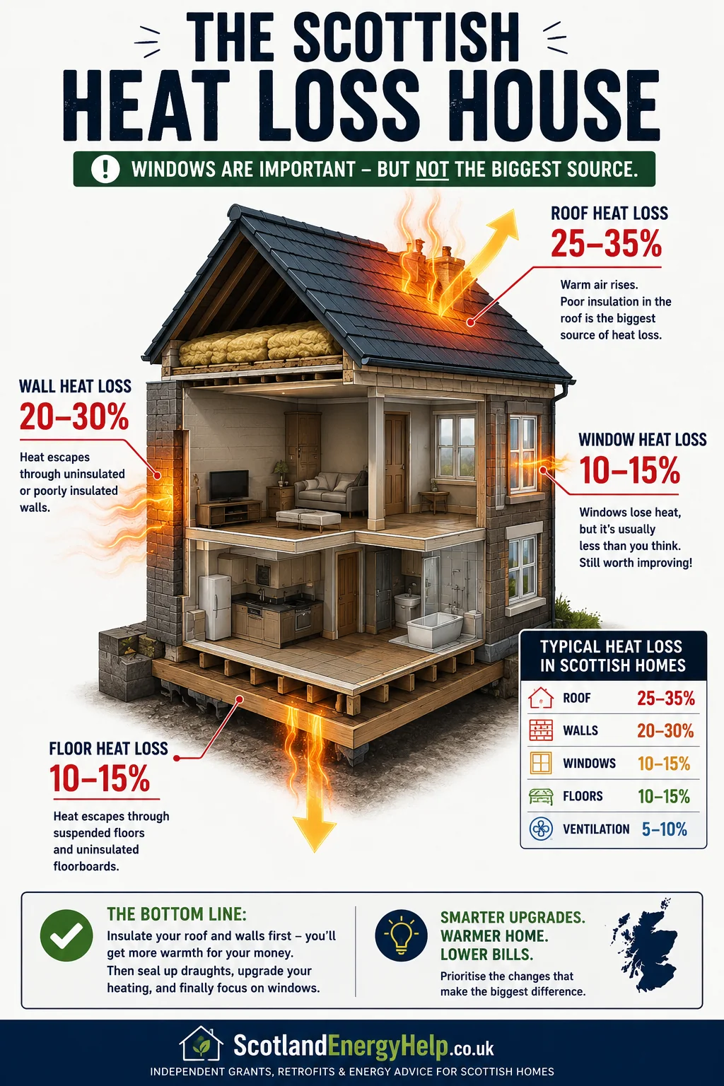 Heat loss breakdown of a typical Scottish home — roof and walls lose far more than windows