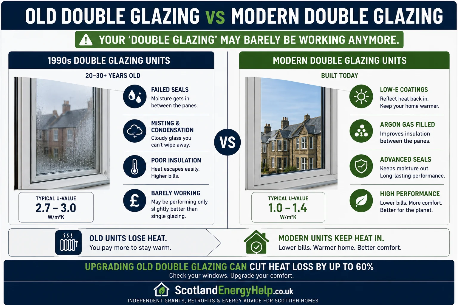 Comparison between failed 1990s double glazing and modern high-performance double glazing
