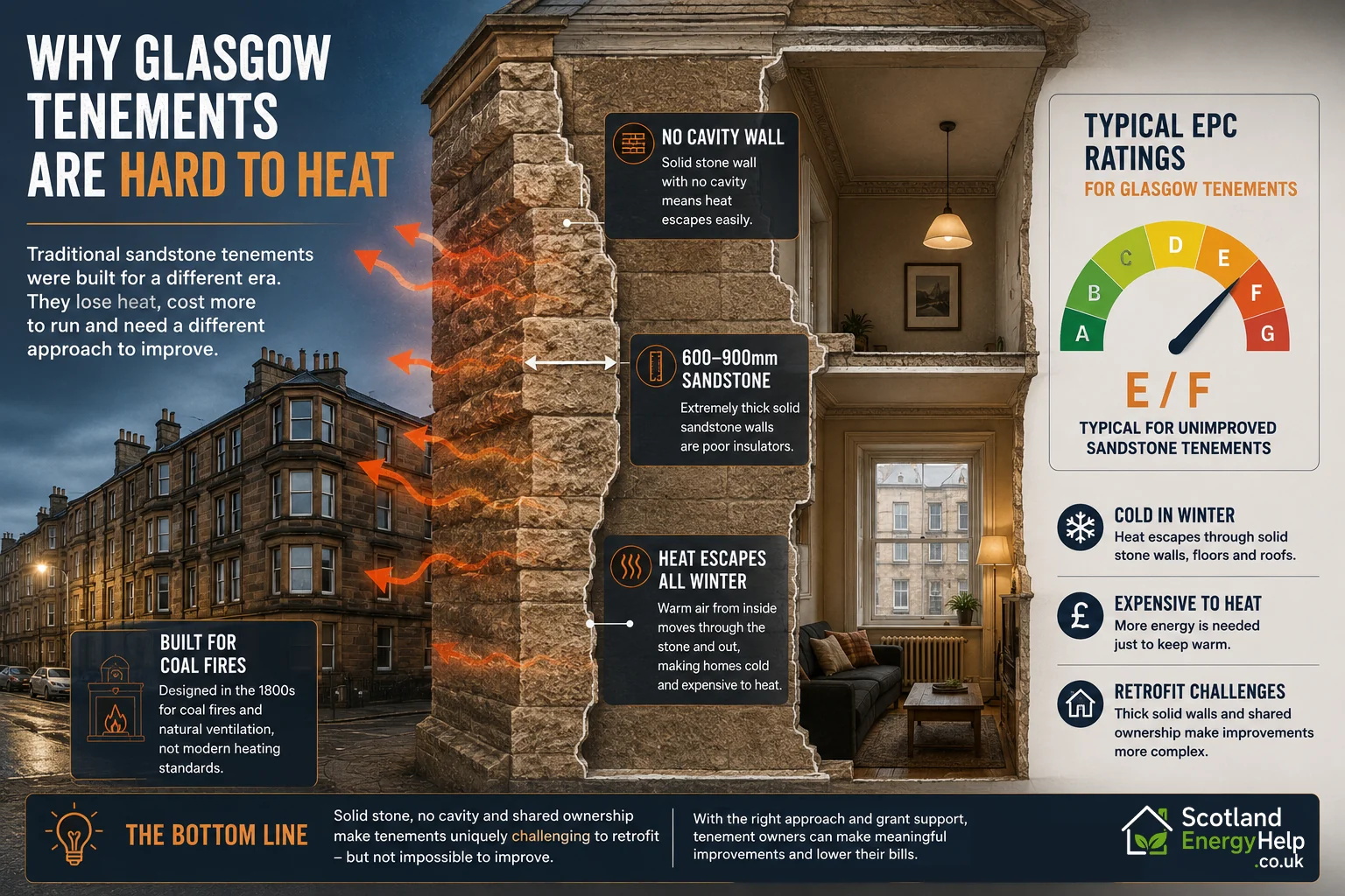 Why Glasgow tenements are hard to heat — solid sandstone, no cavity, built for coal fires